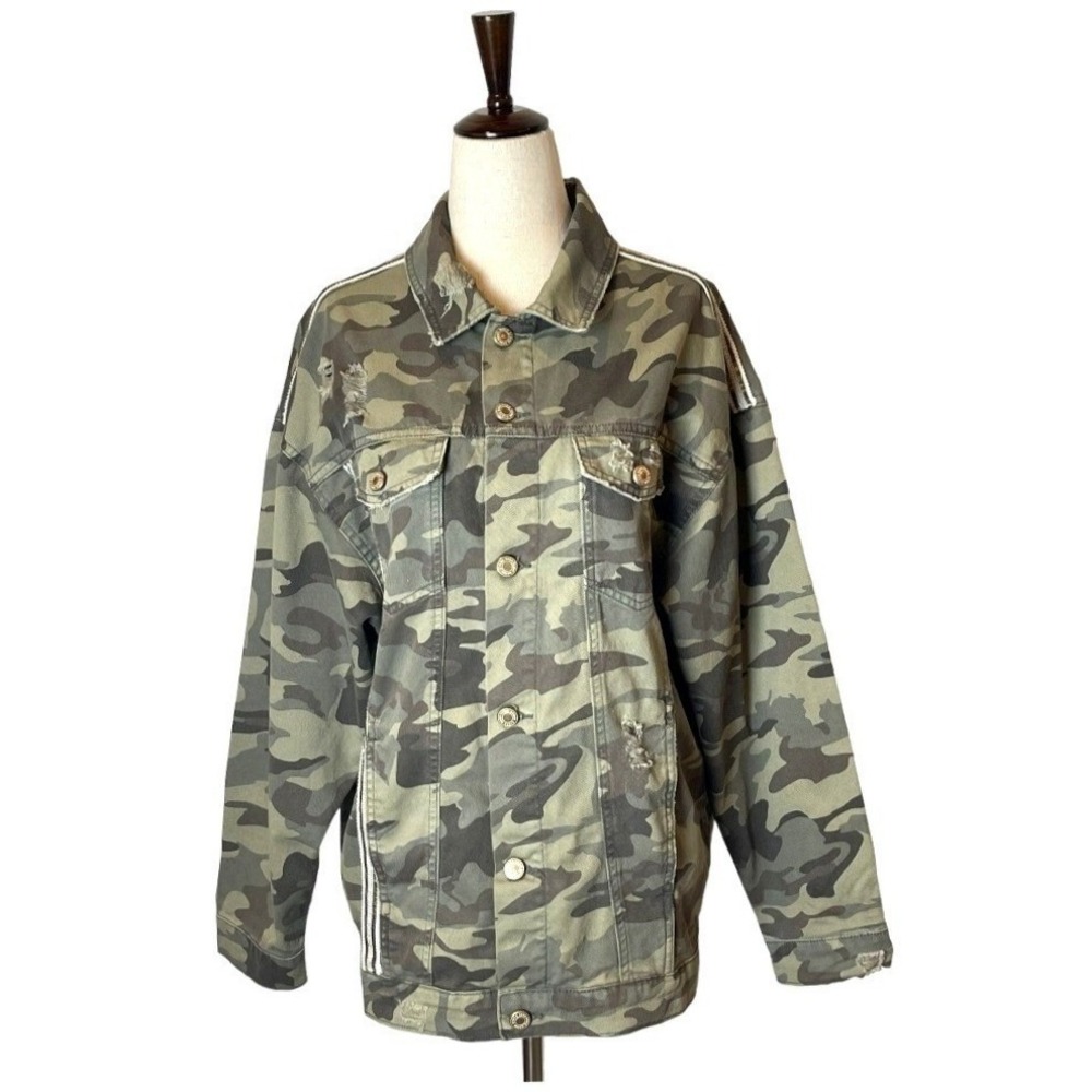 Zara Jacket Women Small Green Camo Cotton Sequin Stripe Coat Streetwear Outdoor
